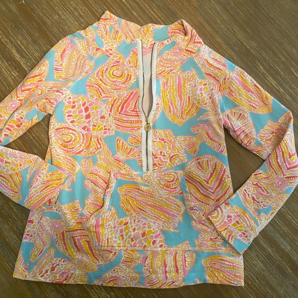 Lilly Pulitzer Skipper Popover Pullover Size Medium M Mint Peach Fish Shell